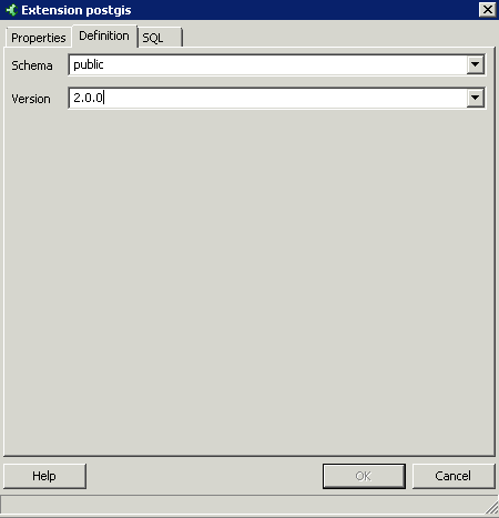 PostGIS extensions definition tab